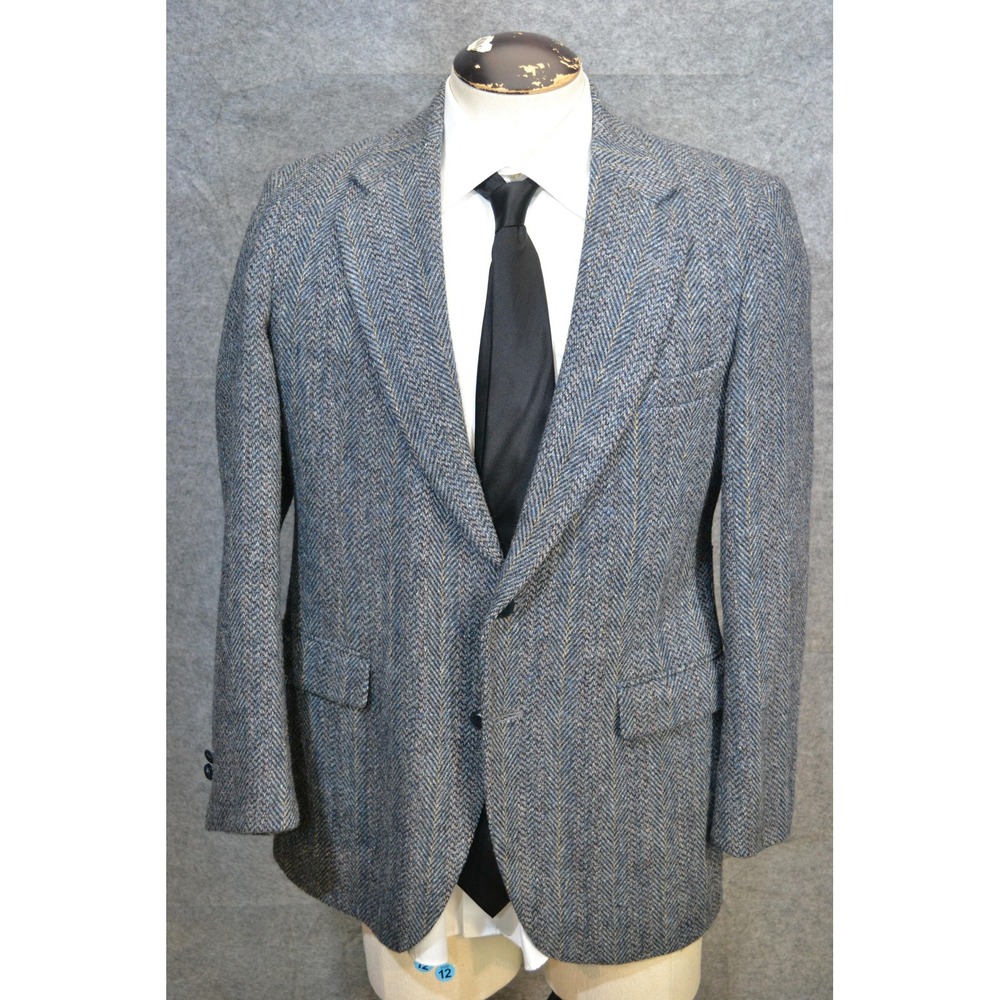 Harris Tweed Blazer Mens 40 Gray Herringbone Wool Sport Coat Stafford USA